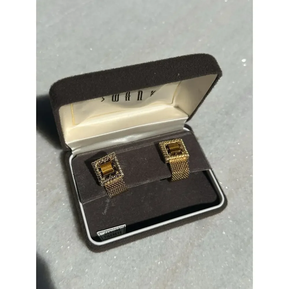 Vintage MCM SWANK Square Oval Tigers Eye Cufflink Set Gold Tone Original Box